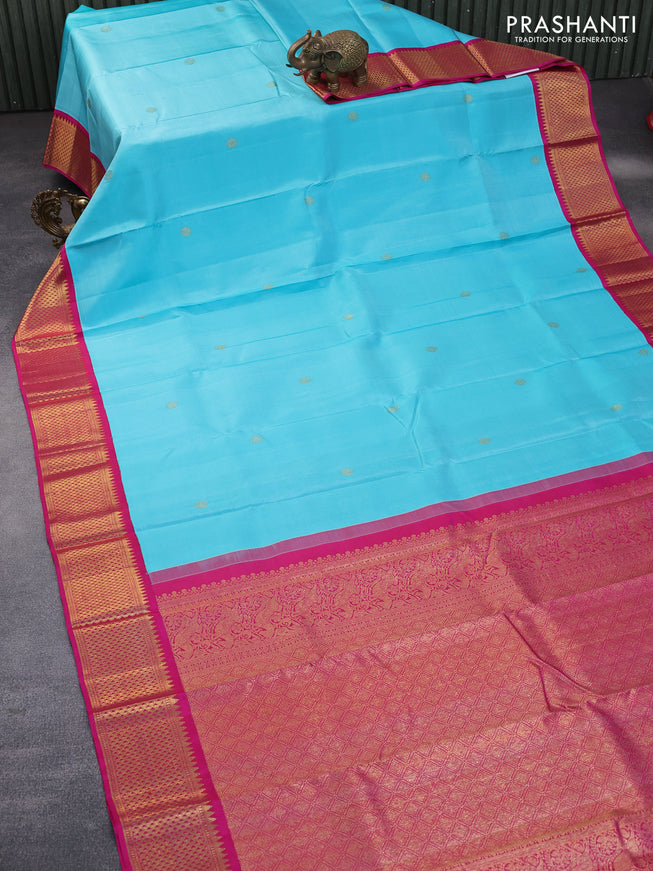 Pure kanchipuram silk saree light blue and pink with zari woven buttas and zari woven korvai border