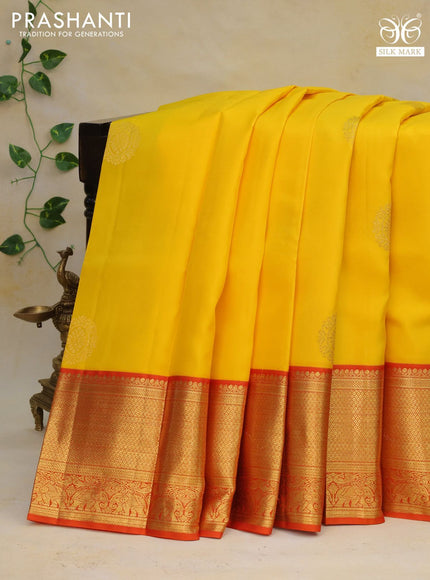 Pure kanchipuram silk saree yellow and orange with zari woven buttas and zari woven korvai border