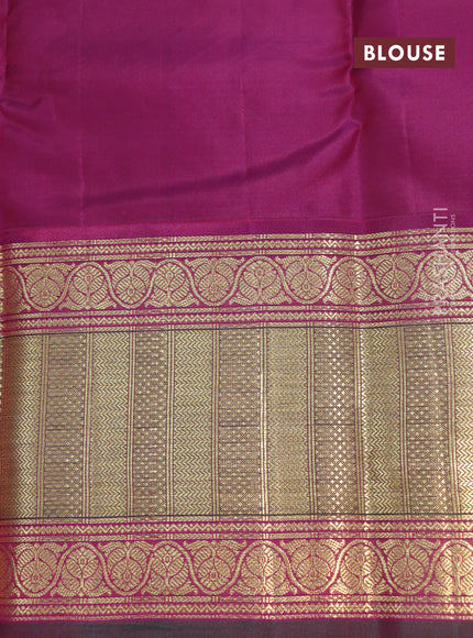 Pure kanchipuram silk saree teal blue shade and magenta pink with paisley zari woven buttas and zari woven korvai border