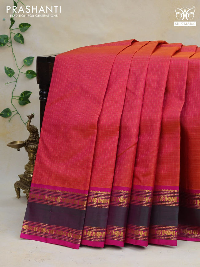 Pure kanchipuram silk saree dual shade of pinkish orange and pink with allover small zari checked pattern and rettapet zari woven border