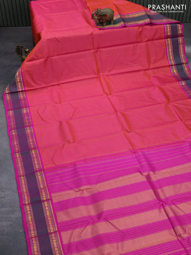 Pure kanchipuram silk saree dual shade of pinkish orange and pink with allover small zari checked pattern and rettapet zari woven border