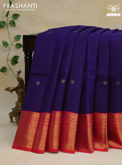 Pure kanchipuram silk saree blue and dual shade of pinkish orange with zari woven buttas and zari woven korvai border