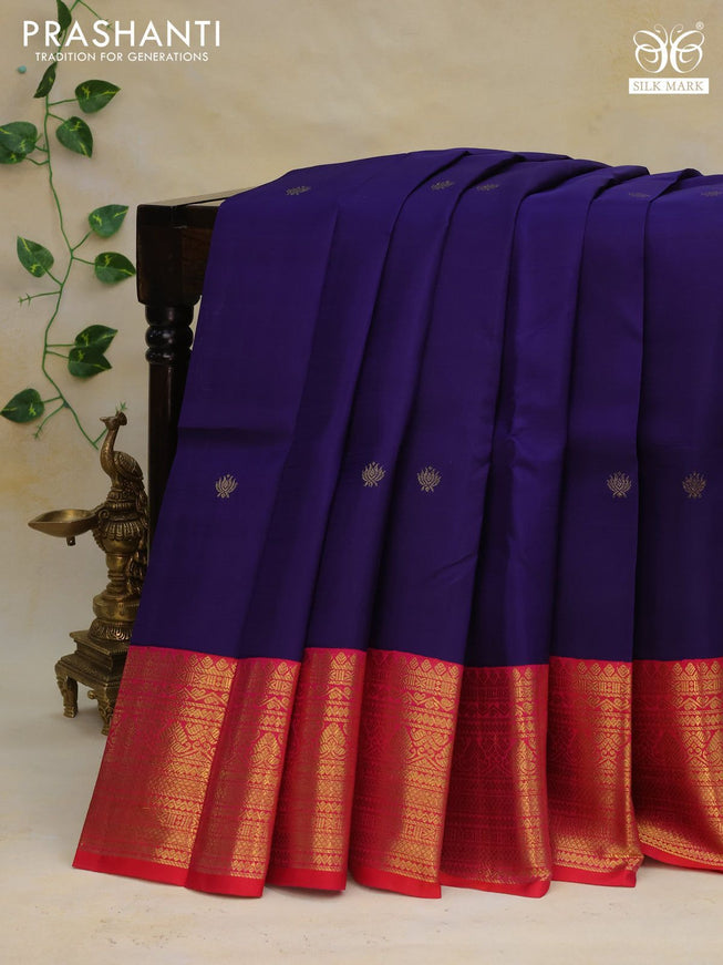 Pure kanchipuram silk saree blue and dual shade of pinkish orange with zari woven buttas and zari woven korvai border