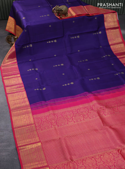 Pure kanchipuram silk saree blue and dual shade of pinkish orange with zari woven buttas and zari woven korvai border