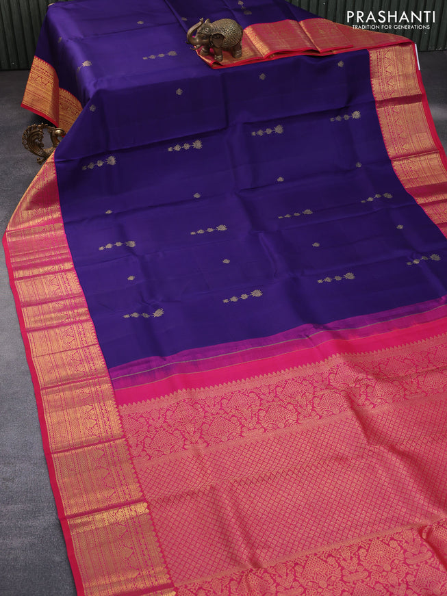 Pure kanchipuram silk saree blue and dual shade of pinkish orange with zari woven buttas and zari woven korvai border