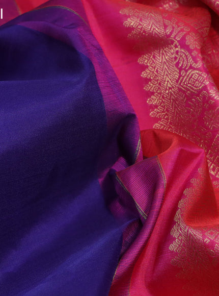 Pure kanchipuram silk saree blue and dual shade of pinkish orange with zari woven buttas and zari woven korvai border