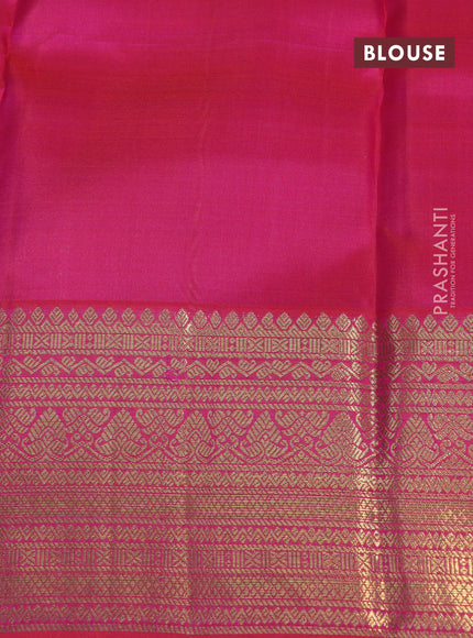 Pure kanchipuram silk saree blue and dual shade of pinkish orange with zari woven buttas and zari woven korvai border