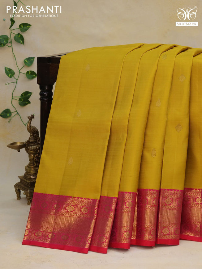 Pure kanchipuram silk saree mustard yellow and dual shade of pinkish orange with zari woven buttas and zari woven korvai border