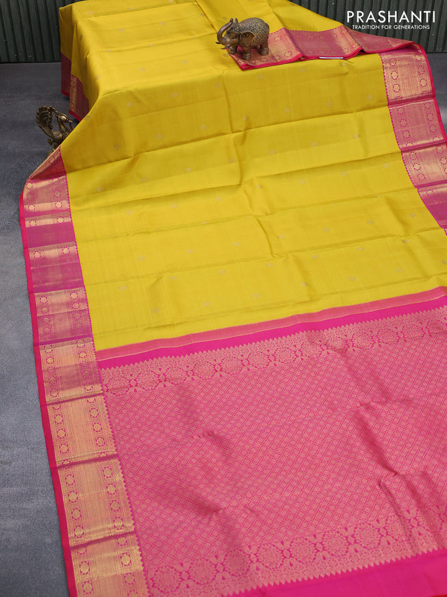 Pure kanchipuram silk saree mustard yellow and dual shade of pinkish orange with zari woven buttas and zari woven korvai border