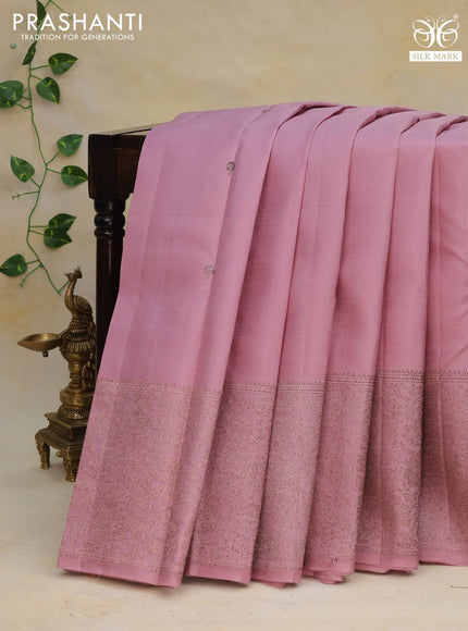 Pure kanchipuram silk saree pastel pink with thread & zari woven buttas and silver zari woven border