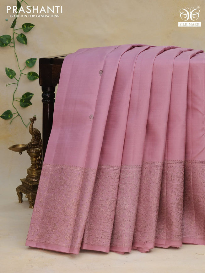 Pure kanchipuram silk saree pastel pink with thread & zari woven buttas and silver zari woven border