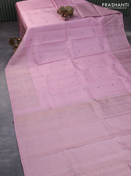 Pure kanchipuram silk saree pastel pink with thread & zari woven buttas and silver zari woven border