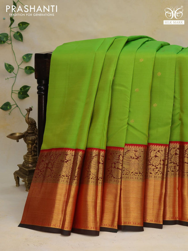 Pure kanchipuram silk saree light green and red with zari woven buttas and long zari woven border