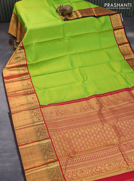 Pure kanchipuram silk saree light green and red with zari woven buttas and long zari woven border