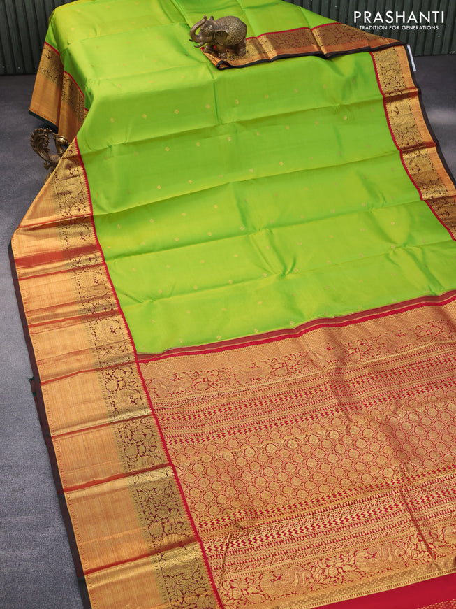 Pure kanchipuram silk saree light green and red with zari woven buttas and long zari woven border