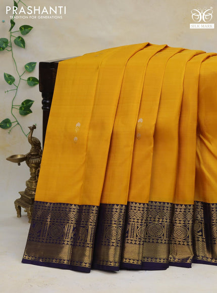 Pure kanchipuram silk saree mango yellow and blue with zari woven buttas and zari woven korvai border