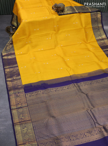 Pure kanchipuram silk saree mango yellow and blue with zari woven buttas and zari woven korvai border