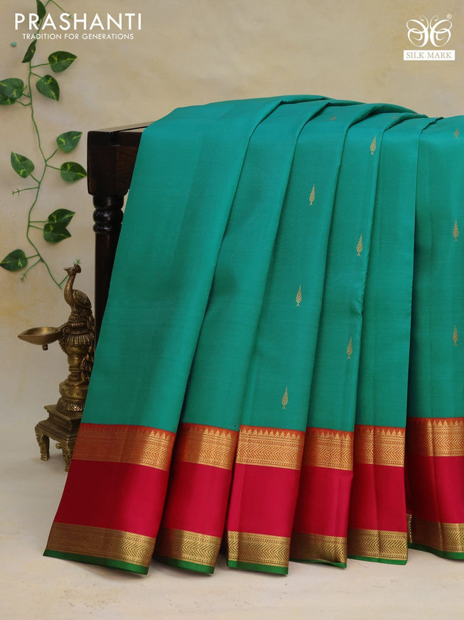 Pure kanchipuram silk saree teal blue and multi colour with zari woven buttas and rettapet zari woven border