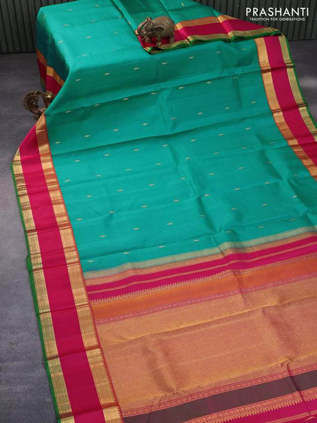 Pure kanchipuram silk saree teal blue and multi colour with zari woven buttas and rettapet zari woven border