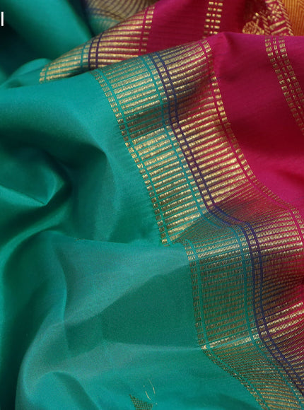 Pure kanchipuram silk saree teal blue and multi colour with zari woven buttas and rettapet zari woven border