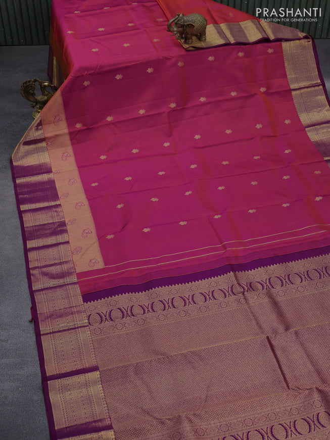 Pure kanchipuram silk saree dual shade of orange and dual shade of purple with zari woven buttas and long zari woven border