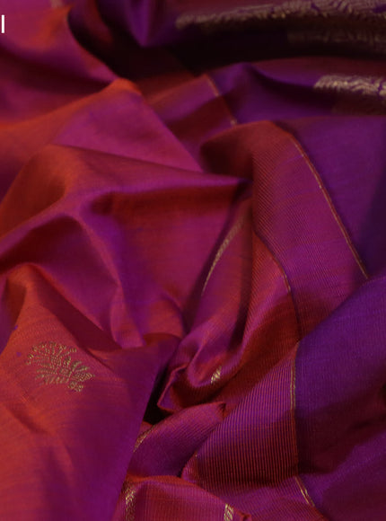 Pure kanchipuram silk saree dual shade of orange and dual shade of purple with zari woven buttas and long zari woven border