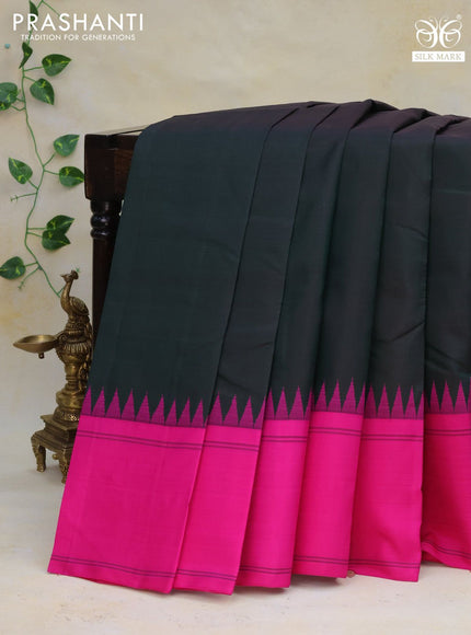 Pure kanchipuram silk saree bottle green and pink with plain body and temple design simple border