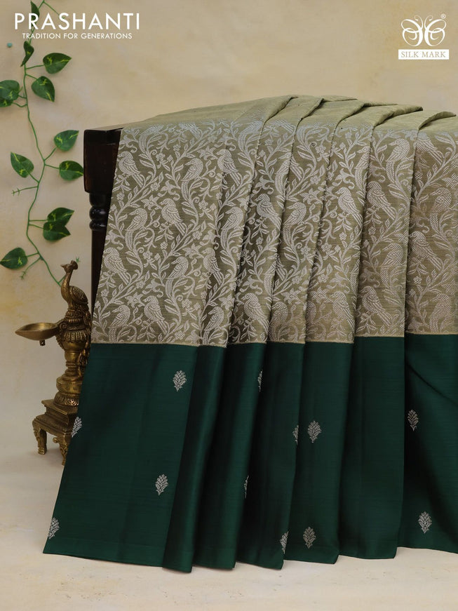 Pure kanchipuram silk saree green shade and dark green with allover silver zari woven brocade weaves and silver zari woven butta border