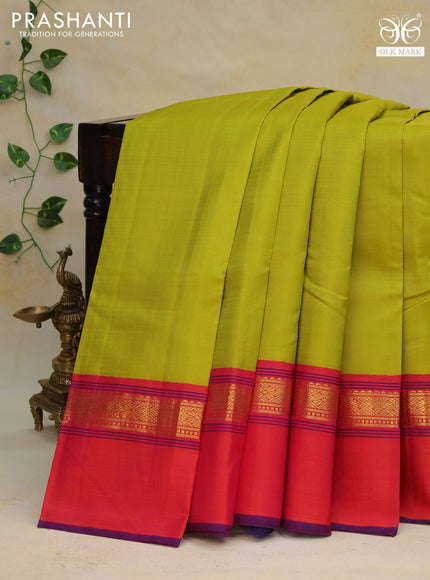 Pure kanchipuram silk saree lime green and dual shade of pinkish orange with plain body and zari woven simple border