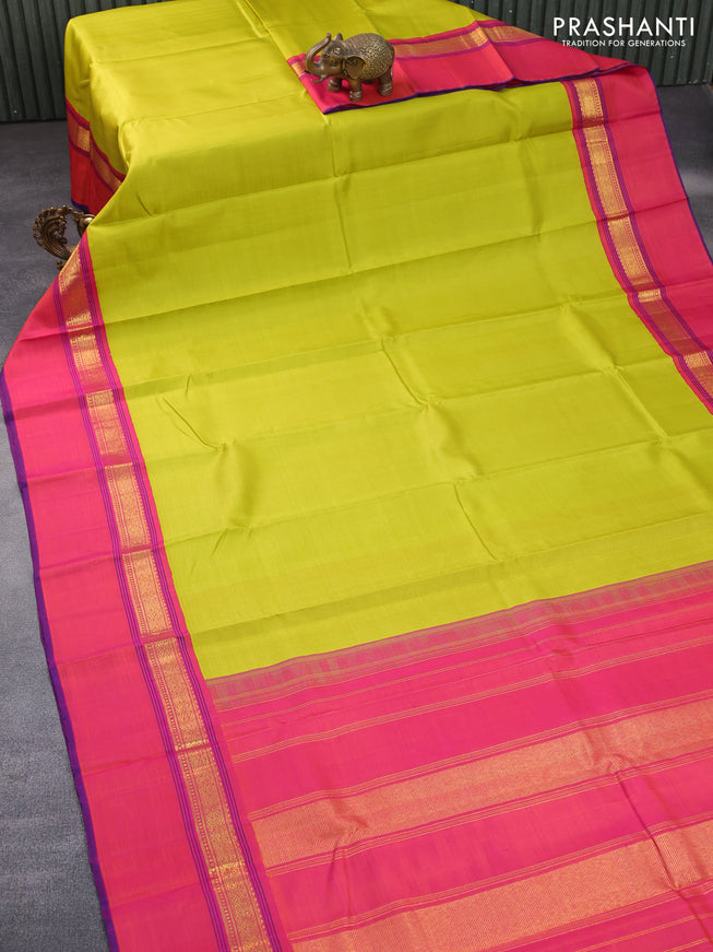 Pure kanchipuram silk saree lime green and dual shade of pinkish orange with plain body and zari woven simple border