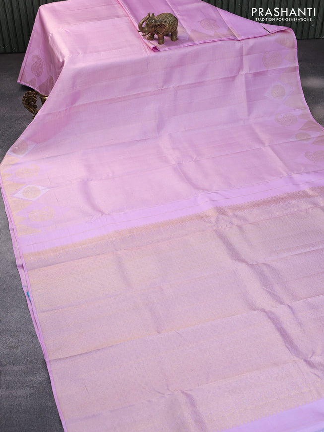 Pure kanchipuram silk saree lotus pink with allover zari weaves in borderless style