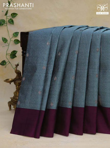 Pure kanchipuram silk saree blue shade and deep purple with allover thread & silver zari weaves and simple border