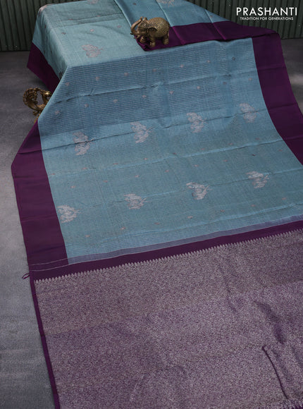 Pure kanchipuram silk saree blue shade and deep purple with allover thread & silver zari weaves and simple border