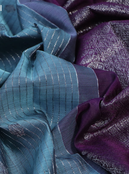 Pure kanchipuram silk saree blue shade and deep purple with allover thread & silver zari weaves and simple border