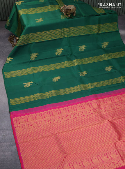 Pure kanchipuram silk saree green and dual shade of pinkish orange with allover thread & zari weaves in borderless style