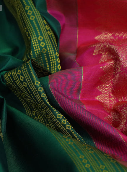 Pure kanchipuram silk saree green and dual shade of pinkish orange with allover thread & zari weaves in borderless style