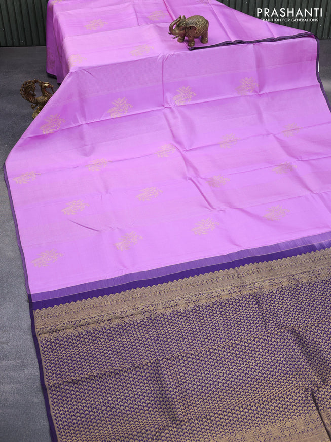 Pure kanchipuram silk saree lavender shade and blue shade with allover silver & gold zari weaves in borderless style