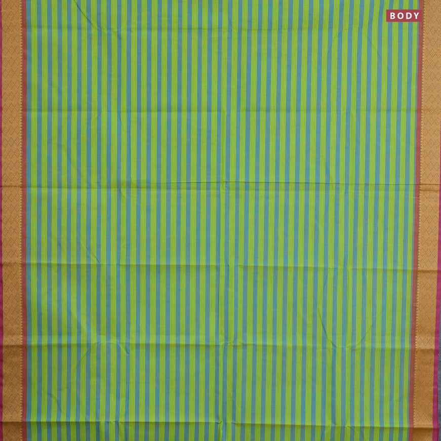 Chettinad cotton saree blue light green and pink shade with allover stripes pattern and thread woven border & woven blouse