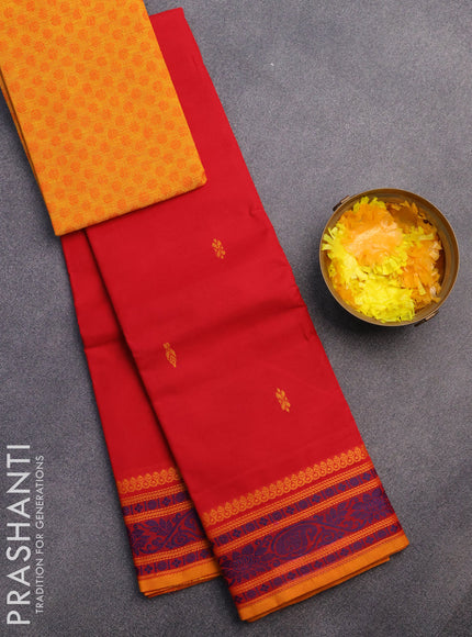 Chettinad cotton saree red and mustard shade with thread woven buttas and thread woven border & woven blouse