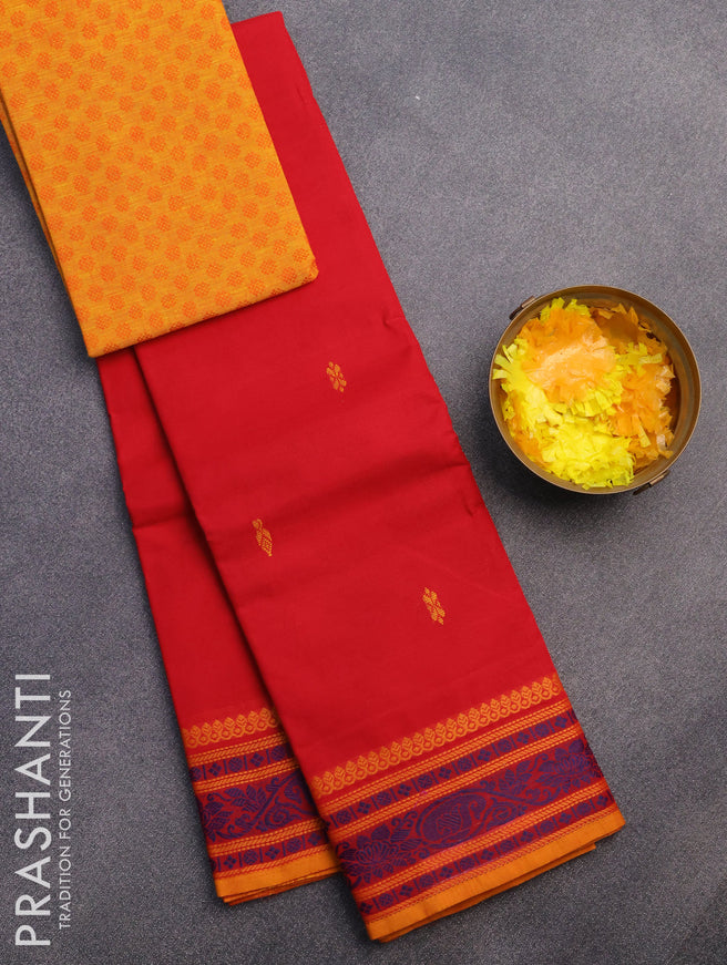 Chettinad cotton saree red and mustard shade with thread woven buttas and thread woven border & woven blouse