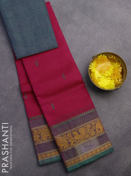 Chettinad cotton saree pink and green with thread woven buttas and thread woven border & woven blouse