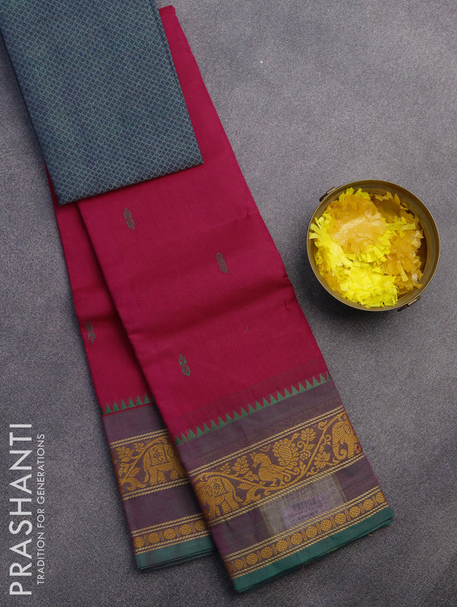 Chettinad cotton saree pink and green with thread woven buttas and thread woven border & woven blouse