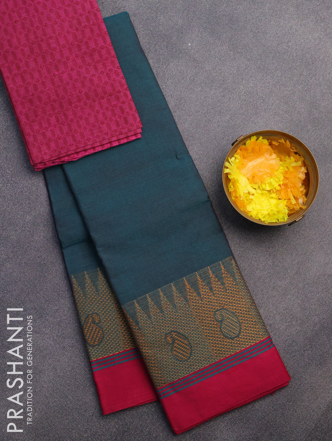 Chettinad cotton saree green and pink with plain body and thread woven border & woven blouse