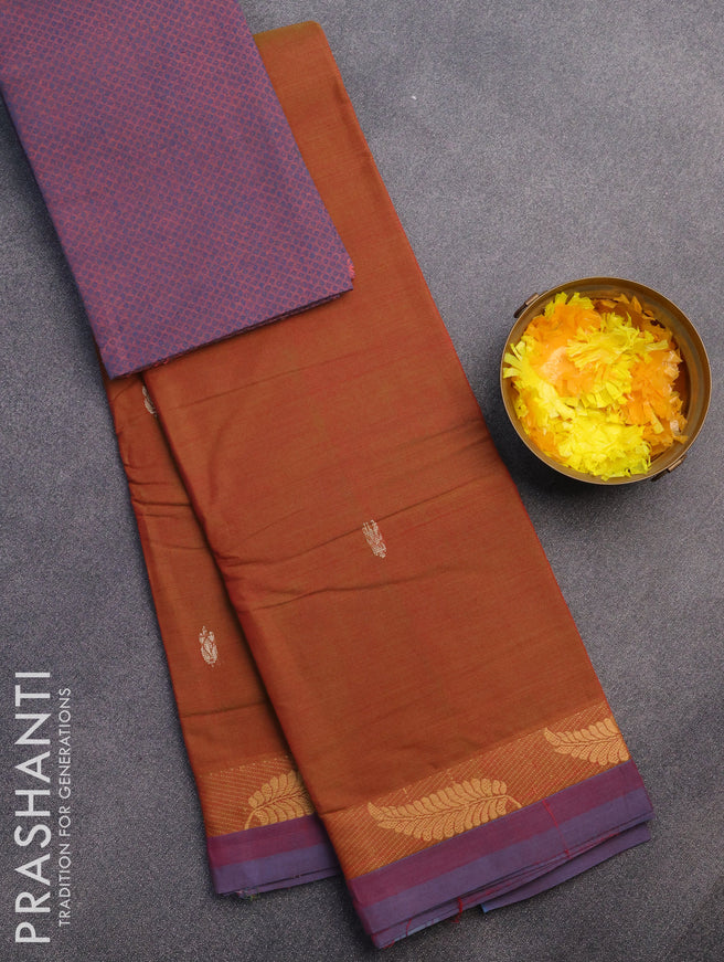 Chettinad cotton saree dual shade of greenish red and blue shade with thread woven buttas and thread woven border & woven blouse