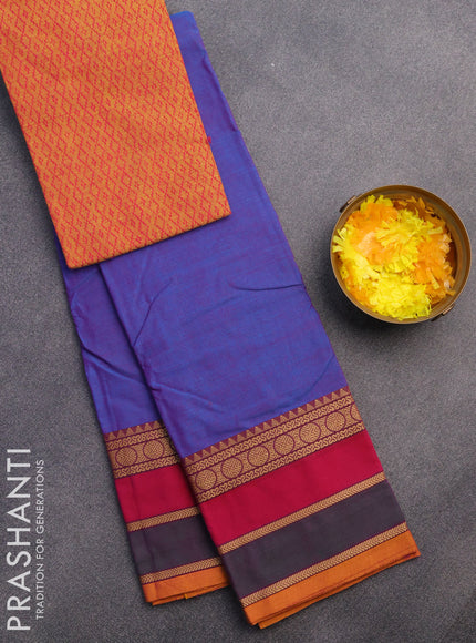 Chettinad cotton saree blue and mustard shade with plain body and thread woven border & woven blouse