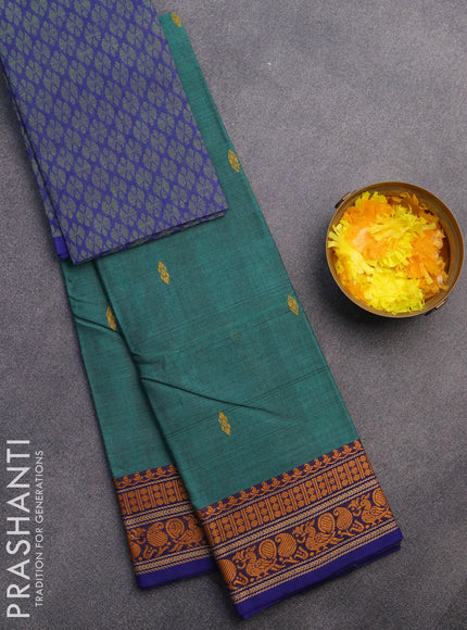 Chettinad cotton saree green and blue with thread woven buttas and thread woven border & woven blouse