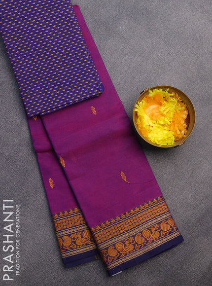 Chettinad cotton saree deep purple and blue with thread woven buttas and thread woven border & woven blouse