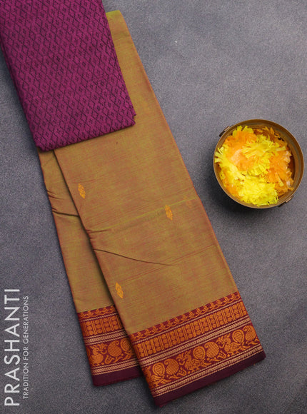 Chettinad cotton saree dual shade of green and dark magenta pink with thread woven buttas and thread woven border & woven blouse