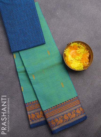 Chettinad cotton saree teal green shade and cs blue with thread woven buttas and thread woven border & woven blouse