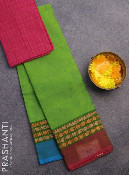 Chettinad cotton saree light green and pink with plain body and thread woven border & woven blouse